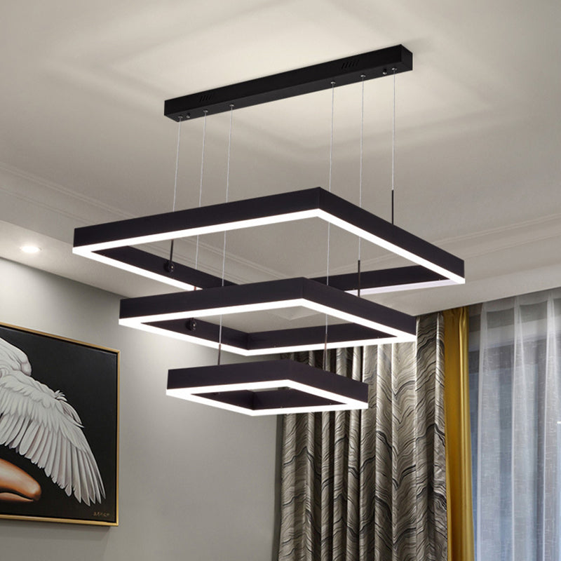 Luce a sospensione nera metallica quadrata al soffitto a led contemporanea per soggiorno