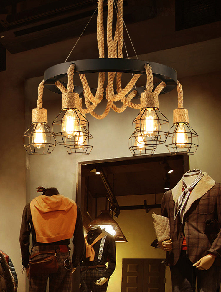 Candelier de alambre de metal Luz de colgante Estilo rústico Beige Rope Hanging Chandelier Light