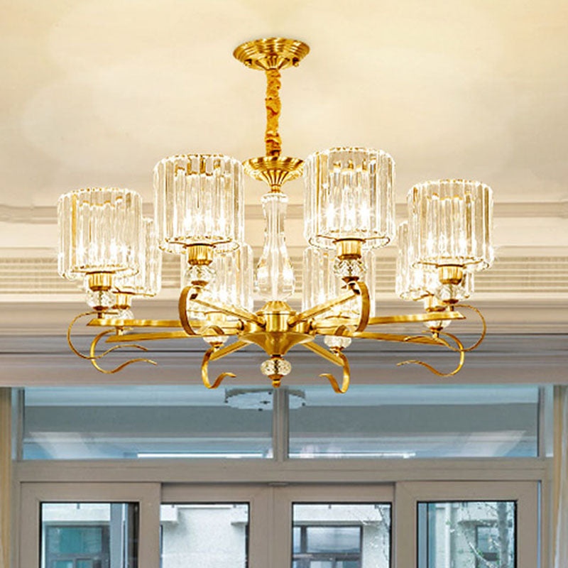 Cylinder Hanging Chandelier Contemporary Faceted Crystal 3/6/8 Bulbs Brass Ceiling Pendant Light, 23.5"/27"/33.5" Wide