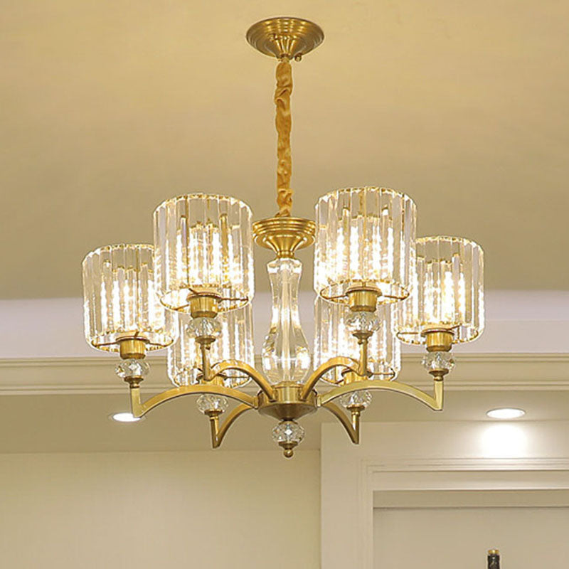 Cylinder Hanging Chandelier Contemporary Faceted Crystal 3/6/8 Bulbs Brass Ceiling Pendant Light, 23.5"/27"/33.5" Wide