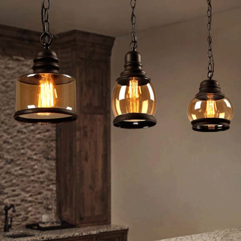 Black Single Pendant Light in Industrial Vintage Style Wrought Iron Hanging Lamp with Glass Shade