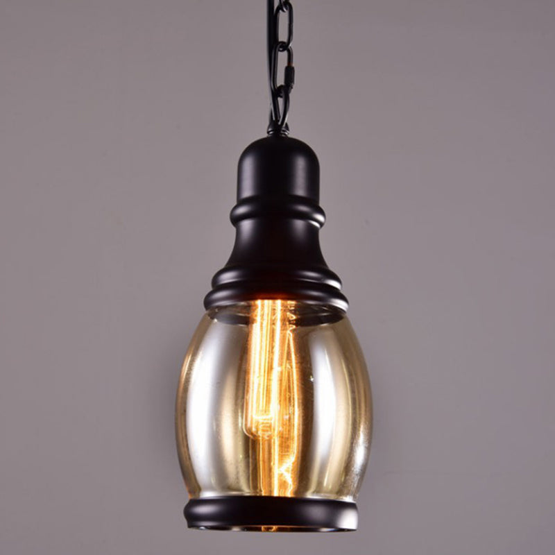 Black Single Pendant Light in Industrial Vintage Style Wrought Iron Hanging Lamp with Glass Shade