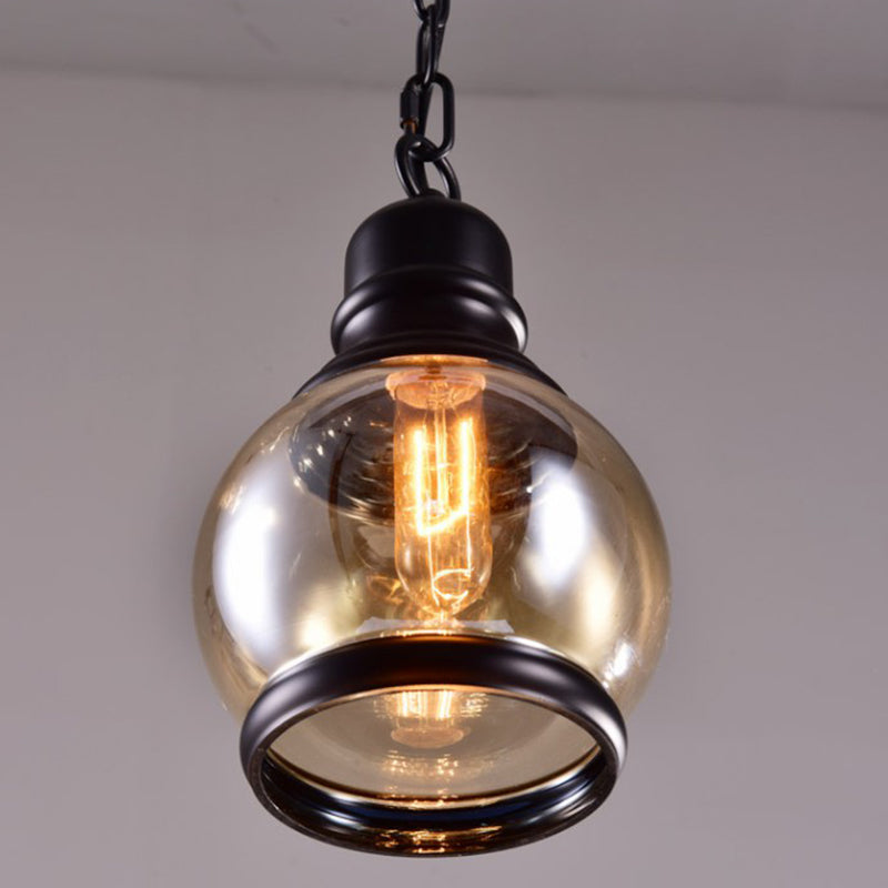 Black Single Pendant Light in Industrial Vintage Style Wrought Iron Hanging Lamp with Glass Shade
