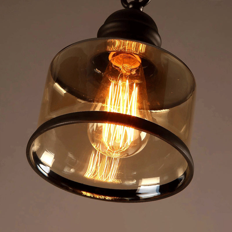Black Single Pendant Light in Industrial Vintage Style Wrought Iron Hanging Lamp with Glass Shade