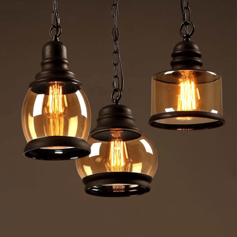 Black Single Pendant Light in Industrial Vintage Style Wrought Iron Hanging Lamp with Glass Shade