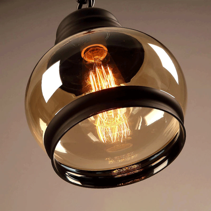 Black Single Pendant Light in Industrial Vintage Style Wrought Iron Hanging Lamp with Glass Shade