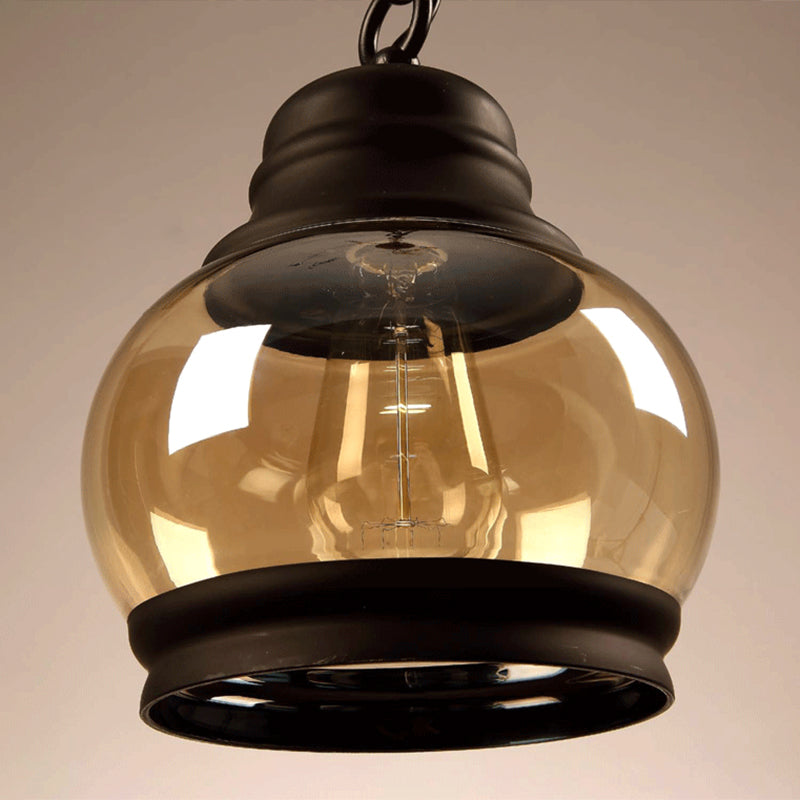 Black Single Pendant Light in Industrial Vintage Style Wrought Iron Hanging Lamp with Glass Shade