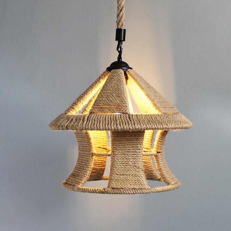 Beige Pendant Light Fixture Industrial Style Rope Shaded Hanging Light Fixture for Restaurant