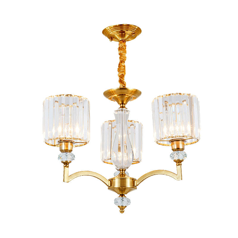 Cylinder Hanging Chandelier Contemporary Faceted Crystal 3/6/8 Bulbs Brass Ceiling Pendant Light, 23.5"/27"/33.5" Wide