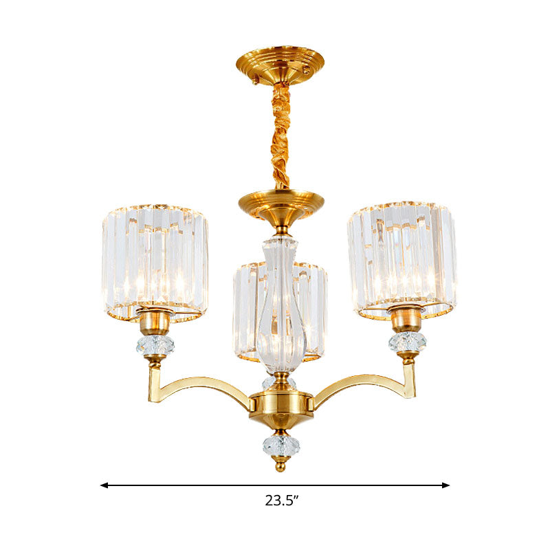 Cylinder Hanging Chandelier Contemporary Faceted Crystal 3/6/8 Bulbs Brass Ceiling Pendant Light, 23.5"/27"/33.5" Wide