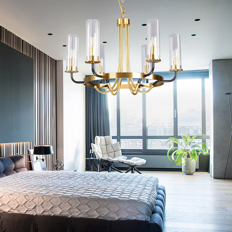 6/8 cabezas de lámpara de araña de interior de la casa de campo de la luz del colgante de la luz negra/dorada lámpara colgante con tono de vidrio transparente de cilindro