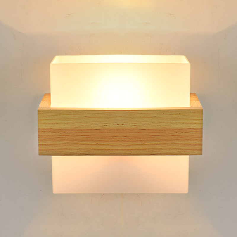 Log Color Rectangular Wall Lamp in Modern Simplicity Wooden Indoor Wall Light with Glass Shade