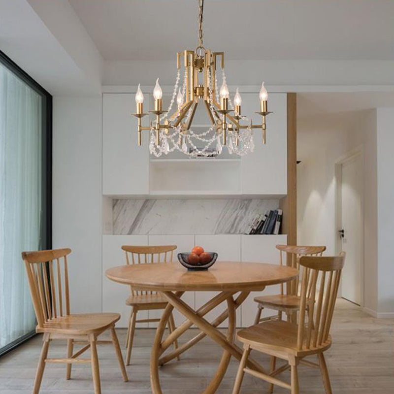 Kristallperlen Kronleuchterlampe Moderne 6 Köpfe hängende Leuchte in Messing mit Metallarm