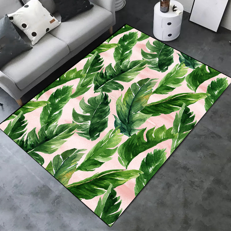 Green Tone Modern Indoor Rug Polyester Leaves Print Carpet Non-Slip Backing Rug for Home Decoration