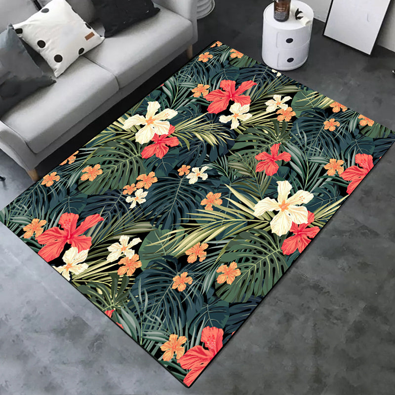 Green Tone Modern Indoor Rug Polyester Leaves Print Carpet Non-Slip Backing Rug for Home Decoration
