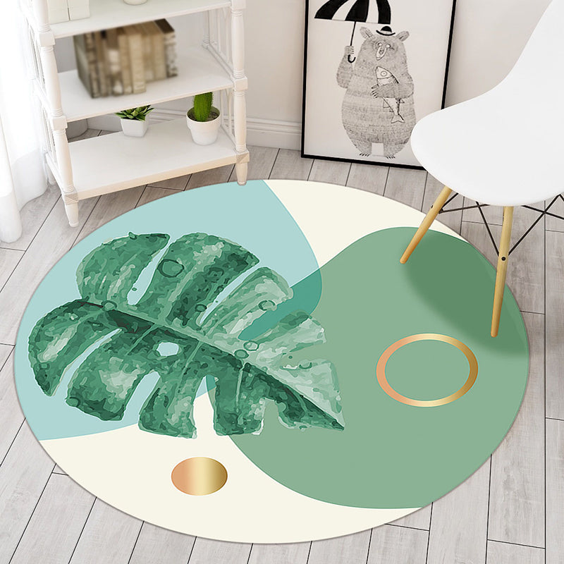 Round Solid Color Simplicity Indoor Rug Polyester Plant Print Rug Easy Care Indoor Rug for LBedroom