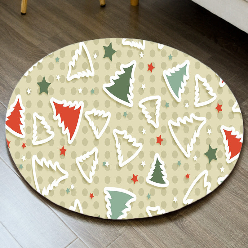 Round Funky Living Room Carpet Christmas Print Rug Polyester Washable Carpet with Non-Slip Backing