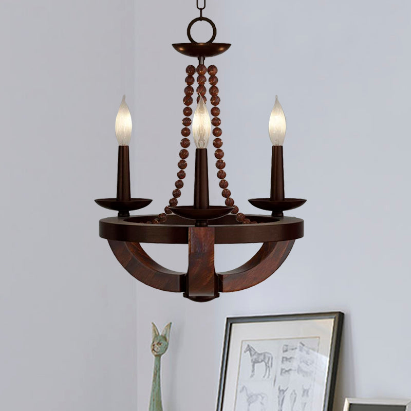 Luz de araña del imperio de bulbo marrón abierto estilo tradicional 3 cabezas de madera lámpara colgante con cuentas deco