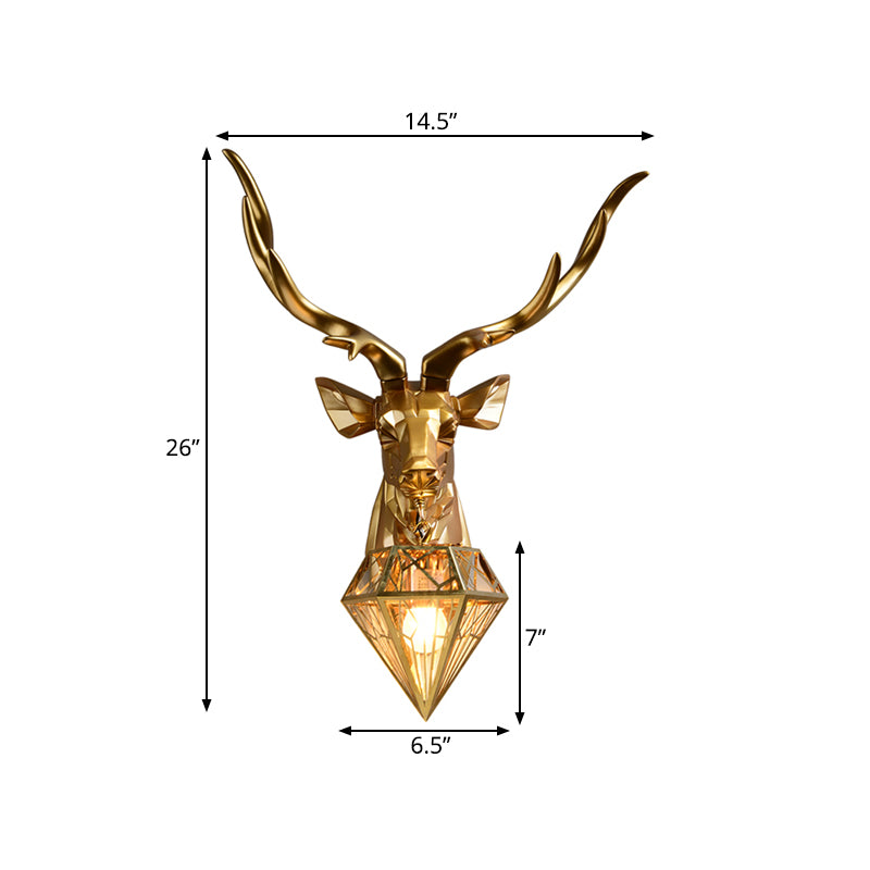 Lodge Stylish Deer Wall Mount Light Resin 1 Head Living Room Wall Light Fixture with Diamond Shade, 14.5"/19.5" W