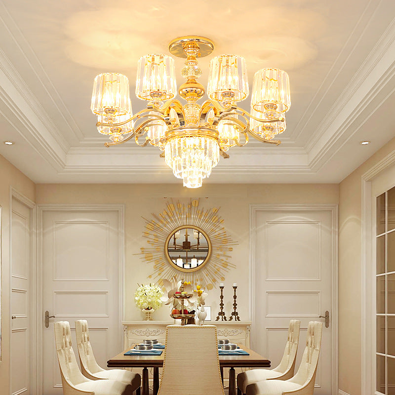 Contemporary 6/8 Bulbs Hanging Chandelier Gold Tapered Ceiling Pendant Light with Crystal Shade