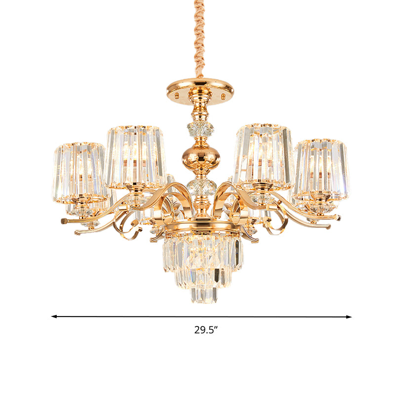Contemporary 6/8 Bulbs Hanging Chandelier Gold Tapered Ceiling Pendant Light with Crystal Shade