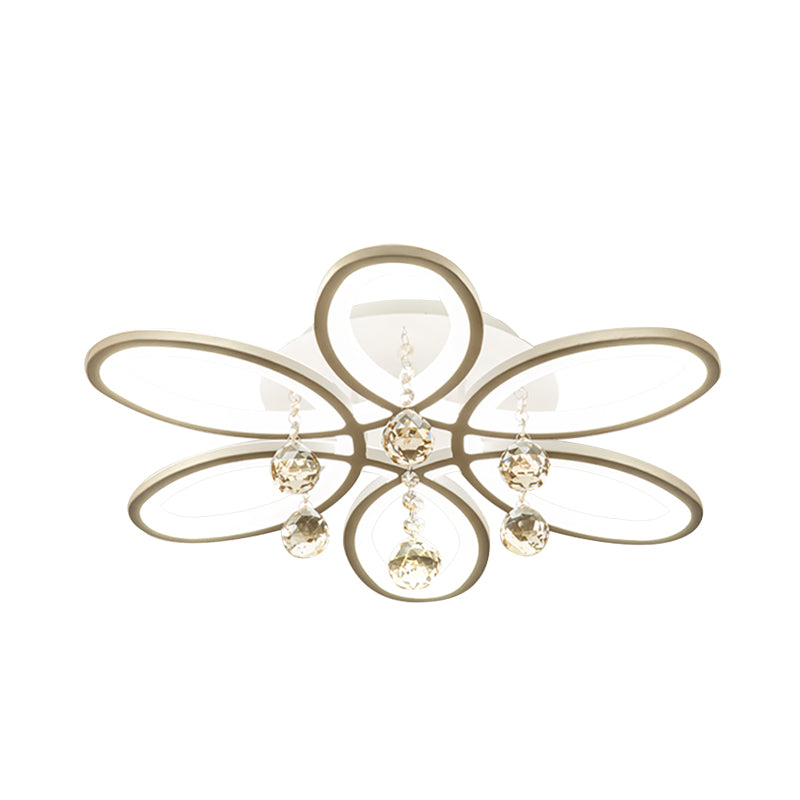 Plafonnier LED moderniste en acrylique à motif floral blanc avec boule de cristal pour chambre à coucher