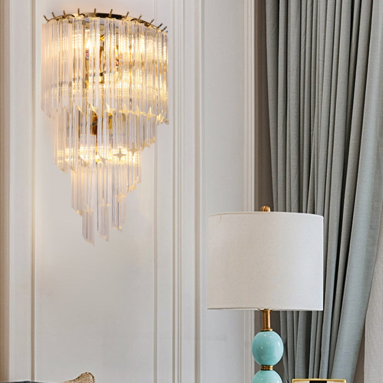 Gold Stagger Wall Sconce in Modern Luxury Style Wrought Iron 4-Light Wall Lamp with Crystal Shade