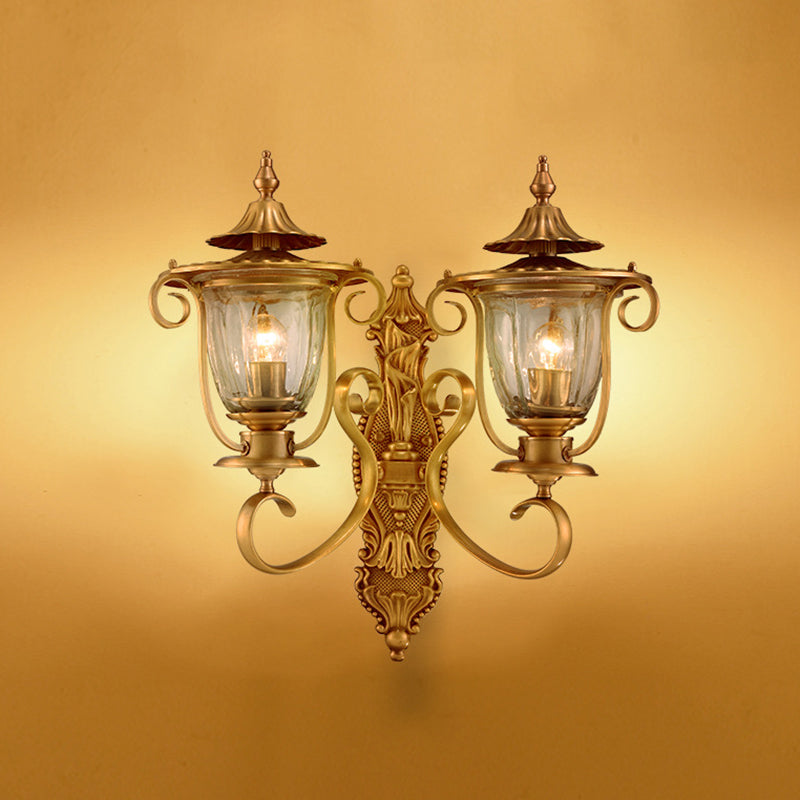 1/2-Head Wall Light Sconce Colonial Curved Arm Brass Gold Wall Mounted Lamp with Clear Glass Shade
