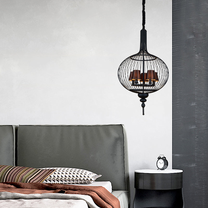 Lantern Iron Chandelier Pendant 23.5"/27.5" W Traditional 5 Head Black Ceiling Lamp with Brown Fabric Tapered Lampshade