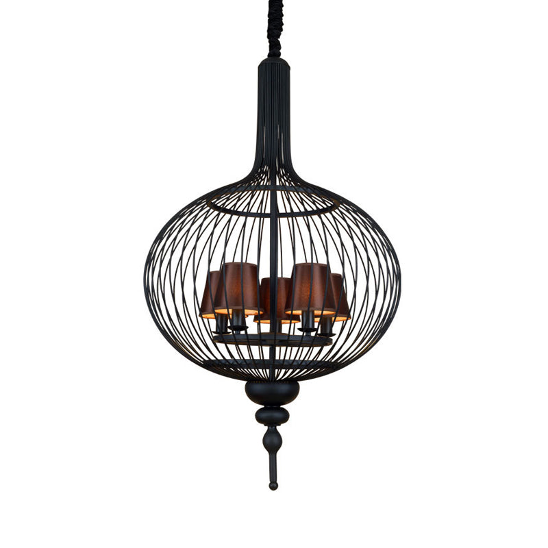 Lantern Iron Chandelier Pendant 23.5"/27.5" W Traditional 5 Head Black Ceiling Lamp with Brown Fabric Tapered Lampshade