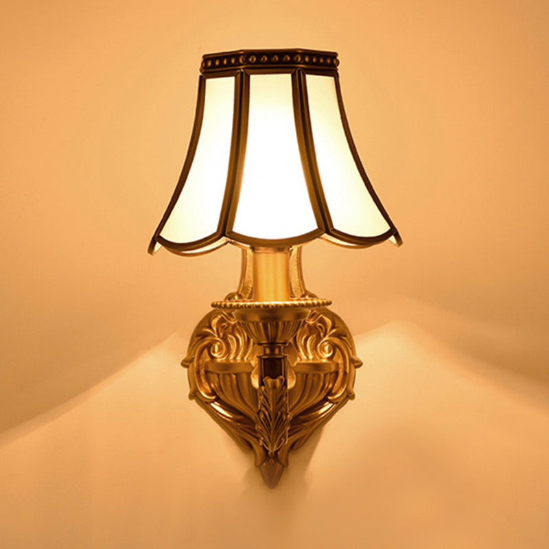 Flared Frosted Glass Wall Sconce Traditional 1/2 Lights White Wall Mounted Lamp with Curly Gold Arm