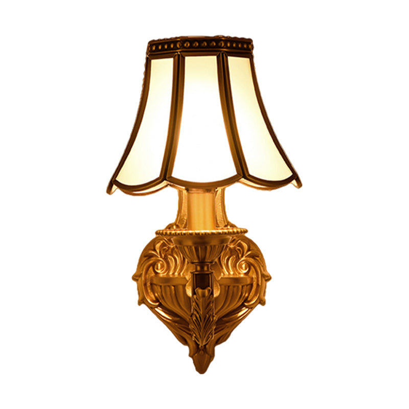 Flared Frosted Glass Wall Sconce Traditional 1/2 Lights White Wall Mounted Lamp with Curly Gold Arm