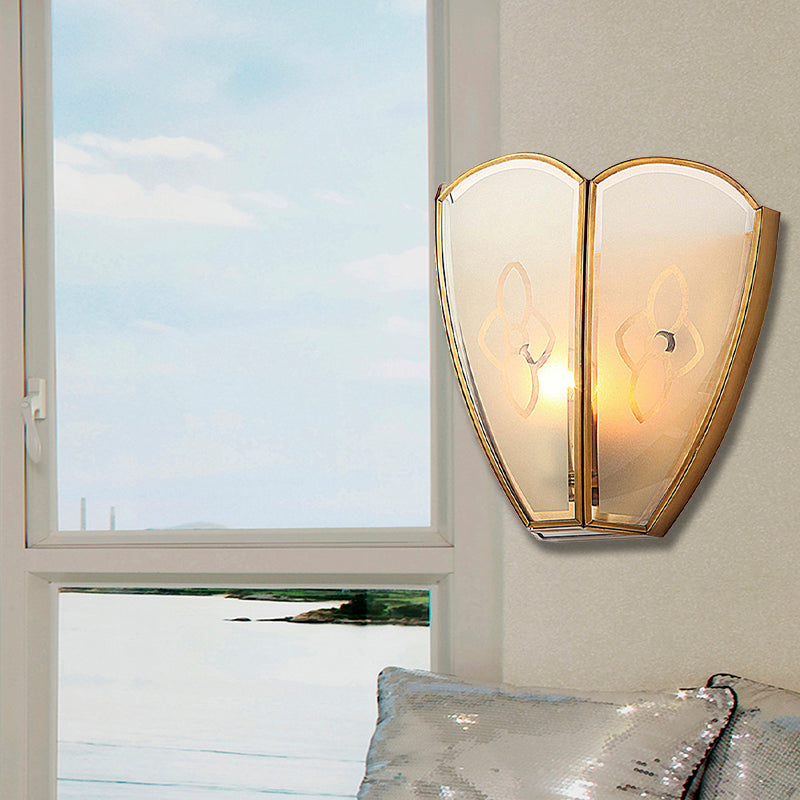 1 Bulb Gold Flush Sconce Light Vintage Style Floral Opal Glass Shade Wall Mount Lighting