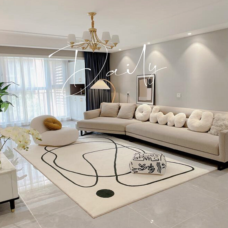 White Tone Simple Area Rug Polyester Abstract Lines Rug Non-Slip Backing Indoor Rug for Living Room