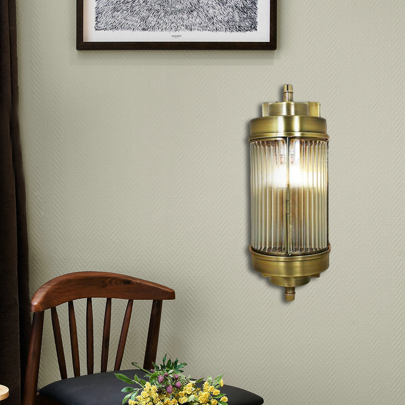 16"/23.5" H Ribbed Glass Golden Wall Mount Lamp Cylinder 1 Head Colonial Sconce Lighting