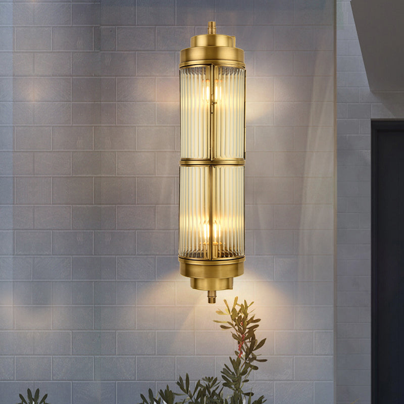 16"/23.5" H Ribbed Glass Golden Wall Mount Lamp Cylinder 1 Head Colonial Sconce Lighting