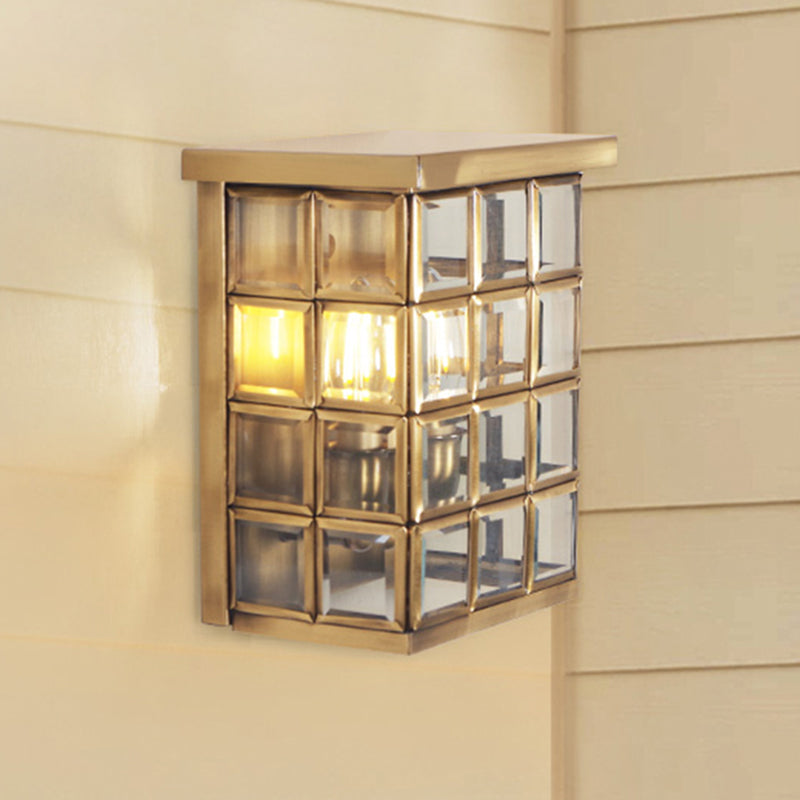 Colonial Grid Flush Wall Sconce 2-Light Clear Glass Outdoor Wall Mount Light in Gold
