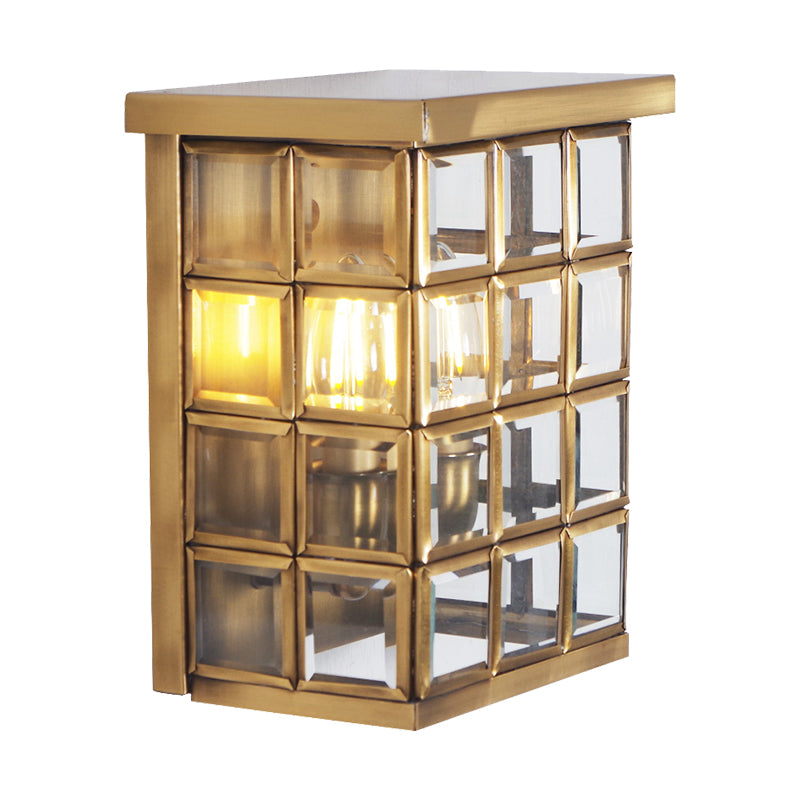 Colonial Grid Flush Wall Sconce 2-Light Clear Glass Outdoor Wall Mount Light in Gold