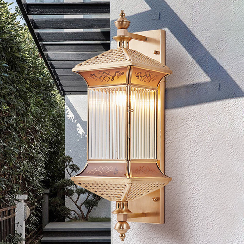 Gold Finish Lantern Sconce Light Classic Frosted Glass 1-Light Wall Mount Lighting