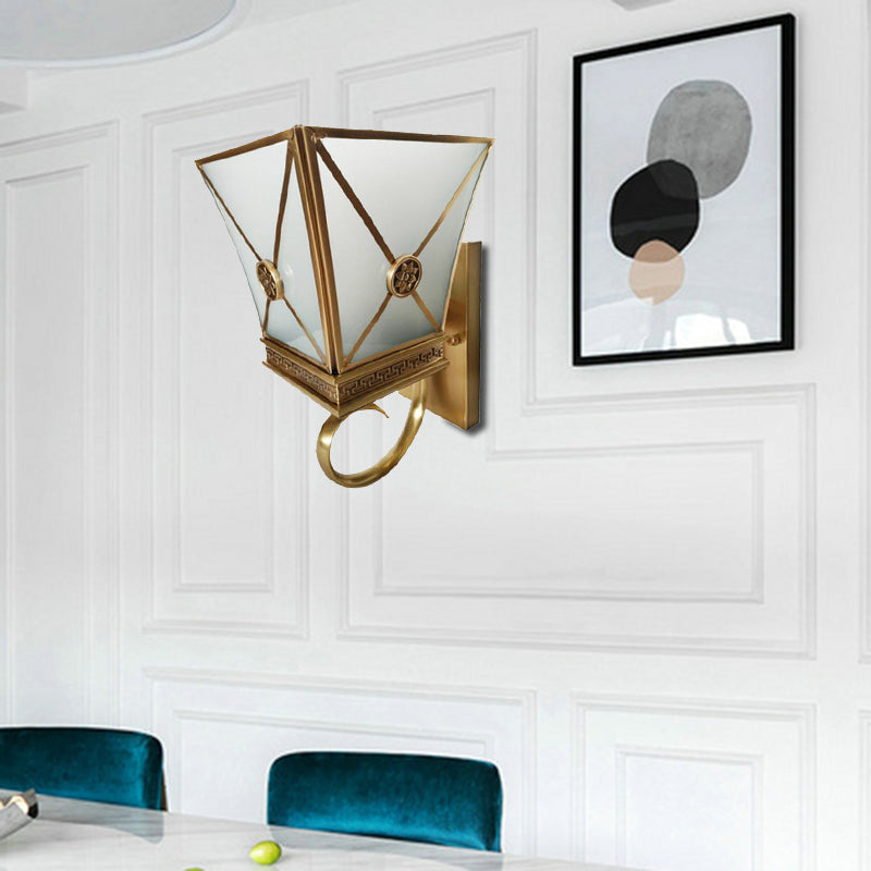 Tapered Opaque Glass Wall Sconce Vintage 1 Light Gold Finish Curly Arm Wall Light Fixture