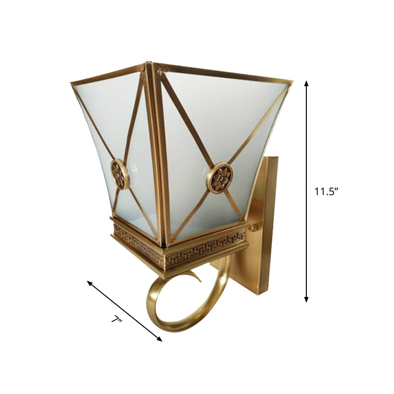 Tapered Opaque Glass Wall Sconce Vintage 1 Light Gold Finish Curly Arm Wall Light Fixture