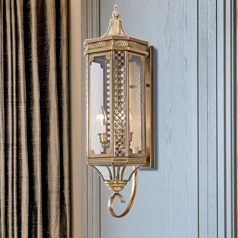 3 Bulbs Outdoor Wall Lantern Traditional Gold Finish Metallic Carved Sconce Light
