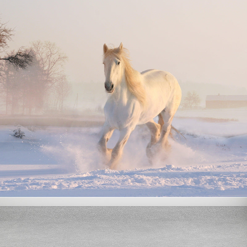 Customized White Horse Mural Decal for Kitchen Animals Wall Art in Soft Color