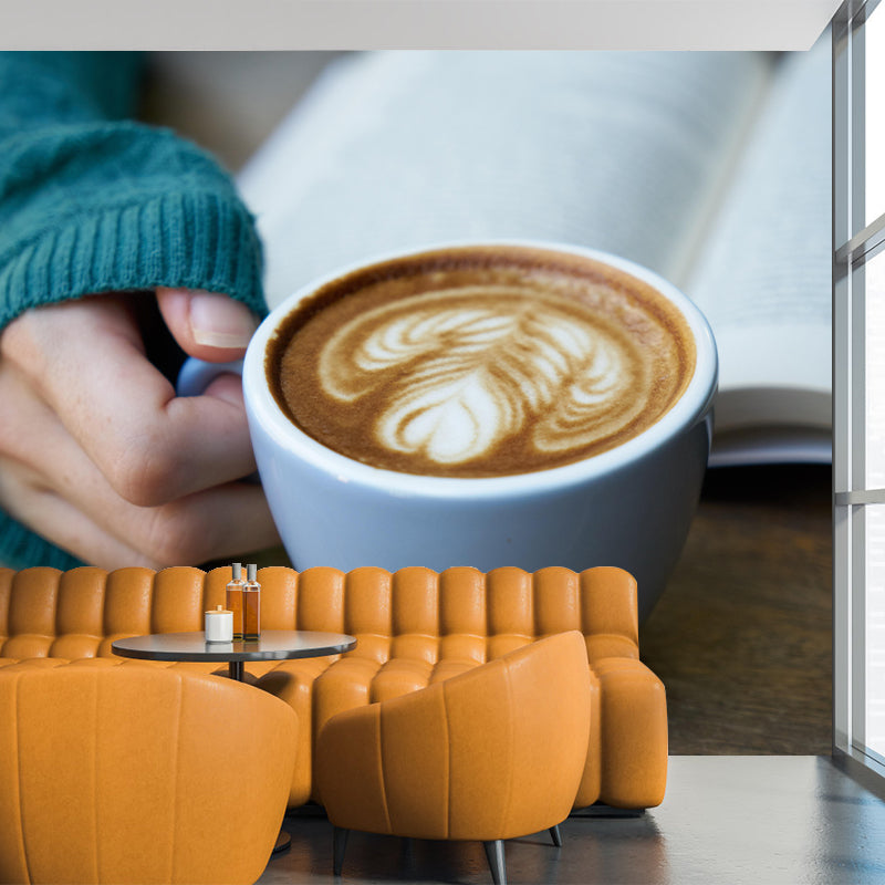 Customized Cappuccino Coffee Mural Wallpaper Stain Resistant Wall Covering for Coffee Shop
