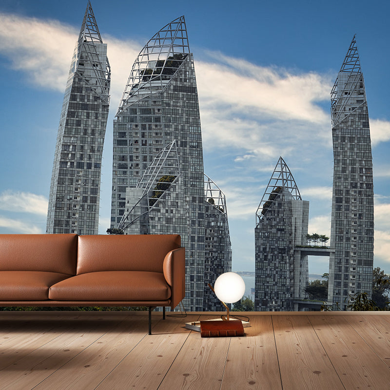 Urban Building Mural Wallpaper Water Resistant Wall Covering for Meeting Room