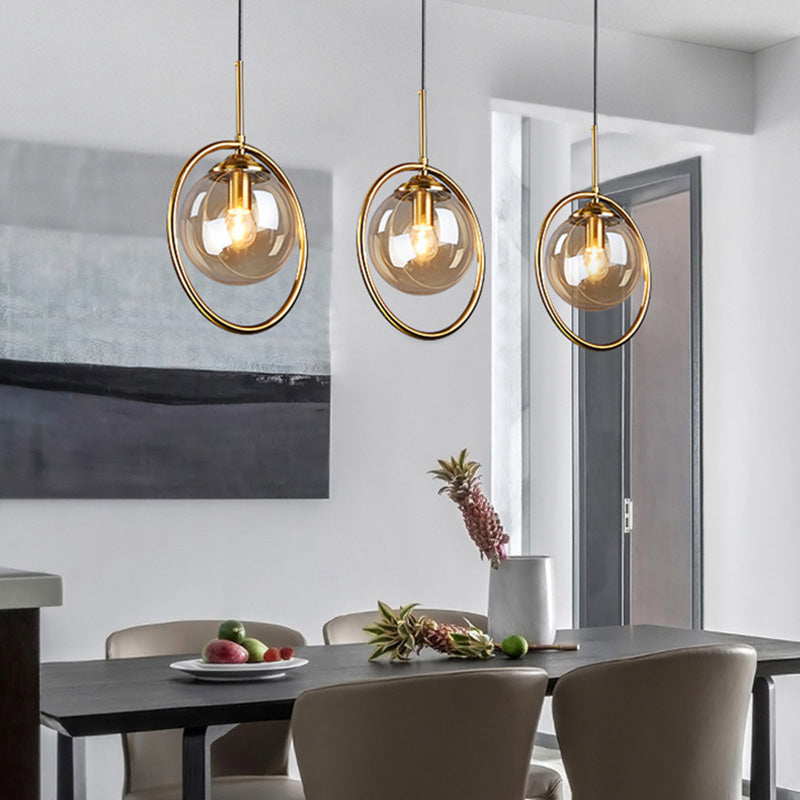 Dinning Room Three Head Sphere Shape Hanging Light Glass and Metal Modern Down Lighting Pendant