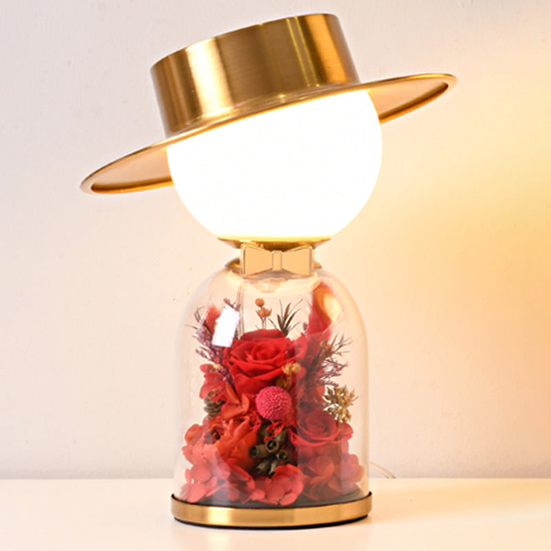 White Glass Newlywed Nightstand Lamp Modern 1-Bulb Gold Table Light with Flower Decor