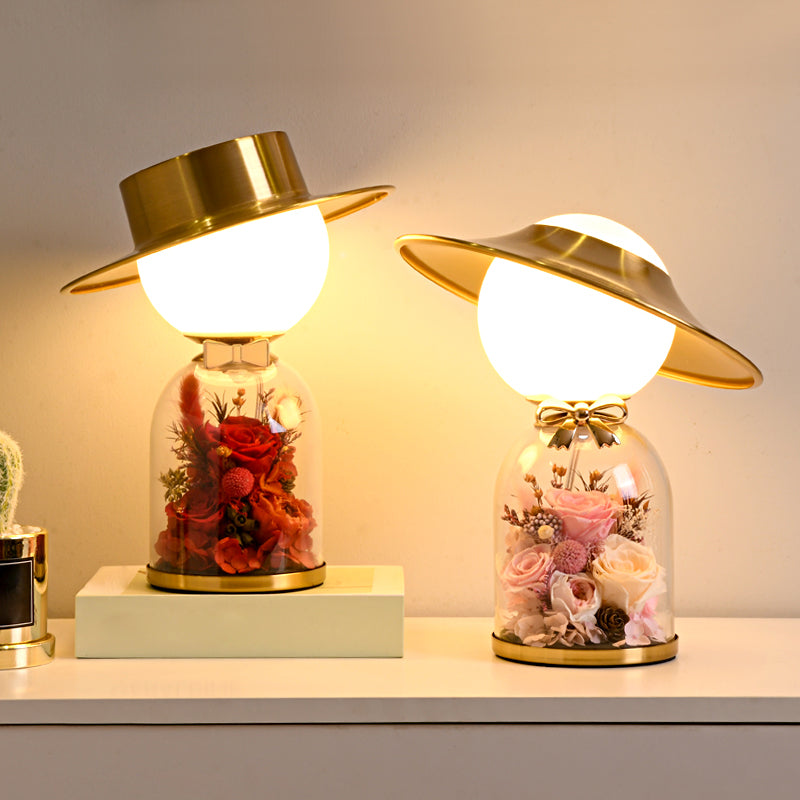 White Glass Newlywed Nightstand Lamp Modern 1-Bulb Gold Table Light with Flower Decor