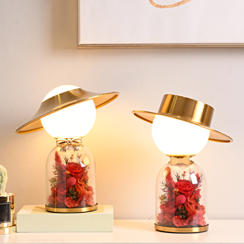 White Glass Newlywed Nightstand Lamp Modern 1-Bulb Gold Table Light with Flower Decor
