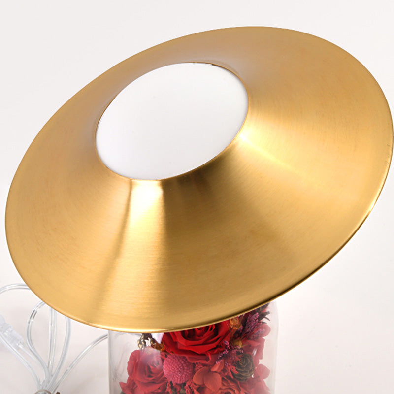 White Glass Newlywed Nightstand Lamp Modern 1-Bulb Gold Table Light with Flower Decor